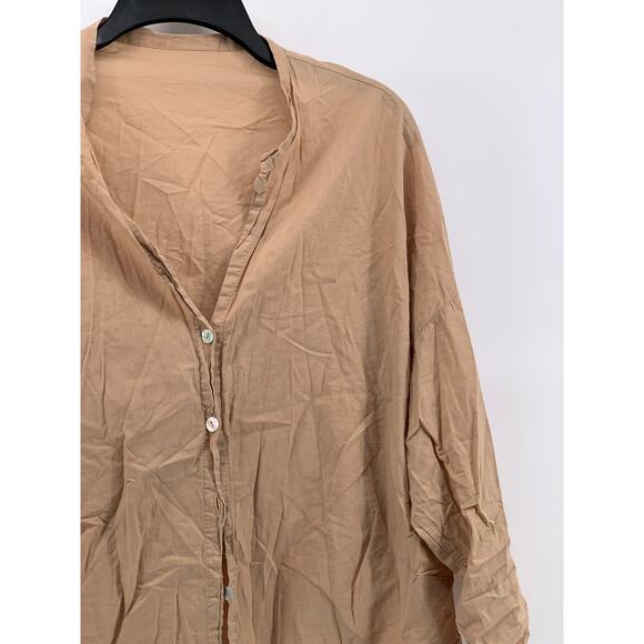UNBRANDED Women's Tan Button-Up Long Sleeve Collarless Top SZ L - Picture 5 of 7